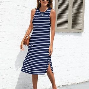 NWT! Pink Daisy | Blue Stripe Side-Slit Sleeveless Midi Dress. DB1-10